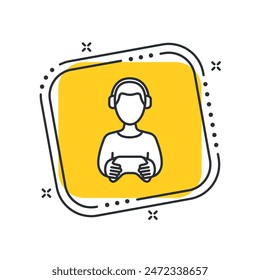 Cartoon gamer icon vector illustration. Gamepad on isolated yellow square background. Headphones sign concept.