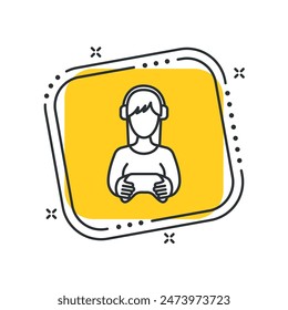 Cartoon gamer icon vector illustration. Gamepad on isolated yellow square background. Headphones sign concept.