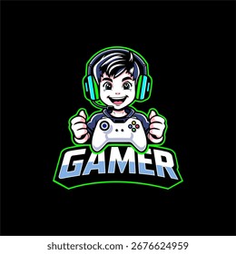 Cartoon gamer mascot logo with controller and headset