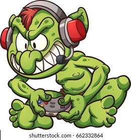 Cartoon gamer troll playing video games. Vector clip art illustration with simple gradients. Troll, nose and microphone on separate layers.