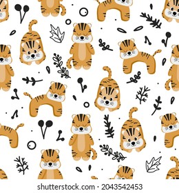 Cartoon games with leaves seamless pattern vector illustration. Plants and small predatory animals in different poses for design. Children print. Isolated design elements white. Symbol new year 2022