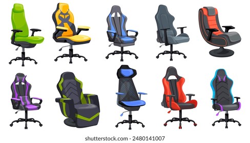 Cartoon gaming chairs. Ergonomic game chair for pro sitting gamers work in home desk computer or office gaming station, games store professional equipment neat vector illustration