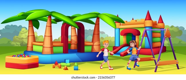 Cartoon gaming inflatable slides in amusement park. Bouncy castle, air trampoline for kids on play area in park. Girl and boy playing in childish playground. Swings and dry pool with balls for kid.