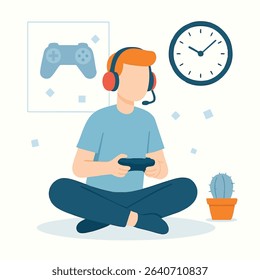 Cartoon Gaming Male Character Holding Controller with Headset and Cactus Illustration