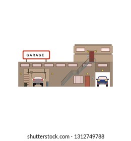 Cartoon garage exterior in flat style front view. Storage repair room with auto equipment. Car auto service station icon. Vector illustration transportation workshop