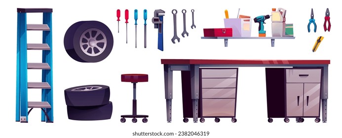 Cartoon garage interior furniture and working tools. Vector illustration set of storeroom elements, car repair and workspace equipment - table and chair, stepladder, instruments on wall, car tires.