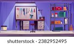 Cartoon garage interior with workshop furniture and tools on wall board. Vector car repair and store room inside with table and chair, rack with toolbox and first aid kit, screwdrivers and pliers.