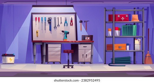 Cartoon garage interior with workshop furniture and tools on wall board. Vector car repair and store room inside with table and chair, rack with toolbox and first aid kit, screwdrivers and pliers.