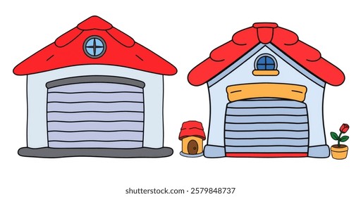 A cartoon garage with a rolling door and bold red roof, ideal for home or storage-themed sticker packs.