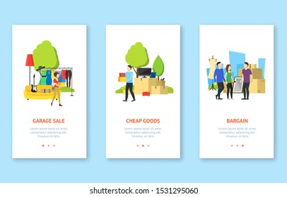 Cartoon Garage Sale Concept App Screens Web Banners Cards Element Flat Design Style. Vector illustration