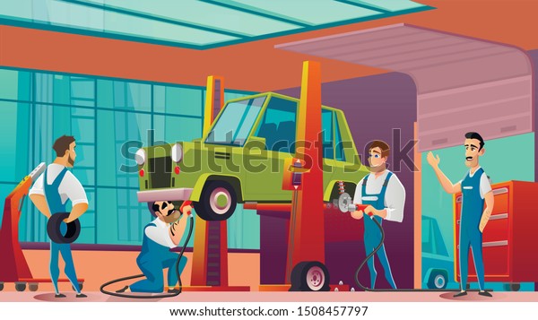 Cartoon Garage Staff, Technicians in Uniform\
with Tools Replacing Wheel or Tire on Automobile Hanging on Lift.\
Car Repair Service, Workshop. Vehicle Brakes Maintenance. Vector\
Flat Illustration