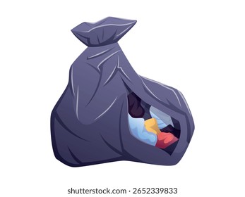 Saco de lixo de desenhos animados com furo e lixo colorido dentro. Ilustração isolada por vetor de um saco cheio de lixo preto com lixo visível. Perfeito para tópicos ambientais, de gestão de resíduos ou de reciclagem.