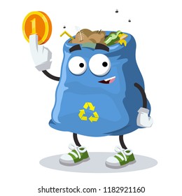 cartoon garbage bag mascot keeps the coin on white background