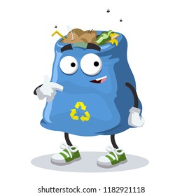 cartoon garbage bag mascot showing himself on a white background