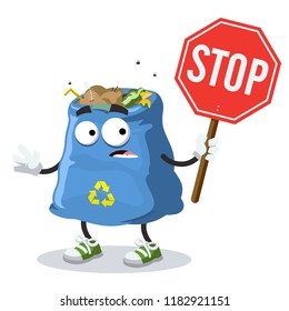 cartoon garbage bag mascot with tablet stop in hand on white background