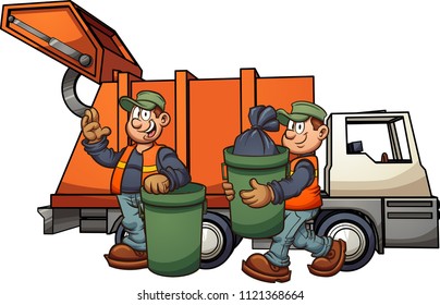 Cartoon garbage men with truck, picking up trash. Vector clip art illustration with simple gradients. Some elements on separate layers. 