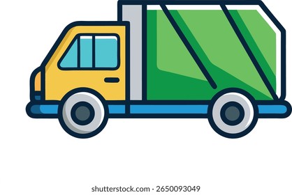 "Ilustração de caminhão de lixo de desenhos animados: Ícone de veículo de coleta de lixo verde e amarelo para reciclagem, saneamento, remoção de lixo, ambiental e projeto de serviço municipal"