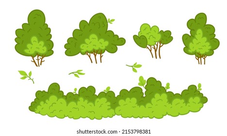 Cartoon garden bush. Green vegetation bushes icon. Cartoon shrubs for outdoor decoration landscape park hedge, backyard, forest colorful vector isolated spring or summer plant, trees, with branches.