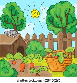 Cartoon garden with carrots, vector illustration