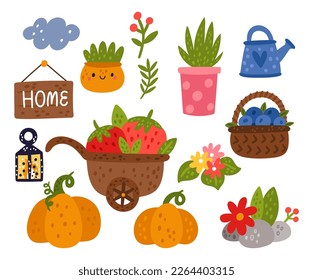 Cartoon garden. Cute flowers or vegetables. Gardening wheelbarrow with strawberries. Watering can. Autumn pumpkin harvest. Blossoms and leaves. Home lantern. Vector