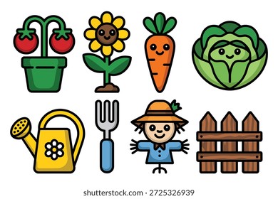 Elementos de jardín de dibujos animados con plantas y herramientas planta de tomate