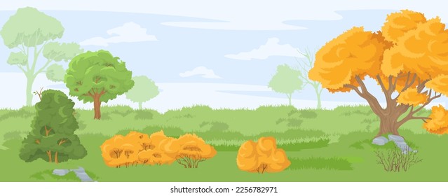 Cartoon garden field flat vector nature background. Meadow with green grass and yellow trees autumn scene. Scenic valley panorama. Gardening and ecology concept