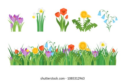 Cartoon Garden Flowers and Element Set Concept Flat Design Style Include of Grass, Plant and Leaf. Vector illustration