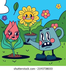 cartoon garden flowers and watering can, retro style