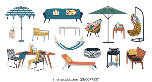 Cartoon garden furniture. Backyard relax objects. Territory landscaping elements. Chaise longue. Hammock under umbrella awning. Barbecue grill. Table with chairs. Garish