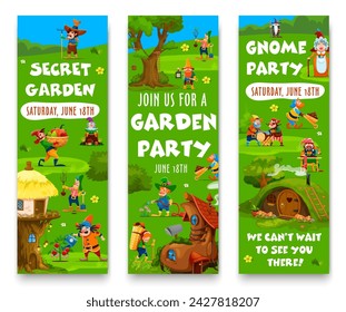 Cartoon garden gnome and dwarf characters, fairytale house buildings village, vector banners. Kid party banners with gnome farmers in garden, burrow homes of funny dwarf woodworker and tailor