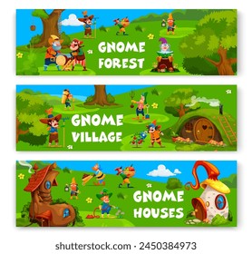 Cartoon garden gnome and dwarf characters, fairytale village with fairy houses vector banners. Cute gnome, elf and leprechaun personages with funny beards, tree trunk and boot homes, flowers and grass