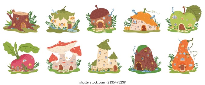 Cartoon garden gnome houses, cute fairytale dwarfs house. Fantasy forest elves buildings in shape of mushroom, pumpkin, apple vector set. Little magical homes with greenery isolated on white