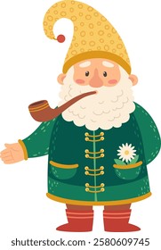 Cartoon garden gnome wearing a green coat and yellow hat, smoking a pipe while holding a hand out in a welcoming gesture, with a charming white flower tucked in the pocket