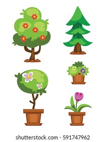 Cartoon garden green tree vector illustration.