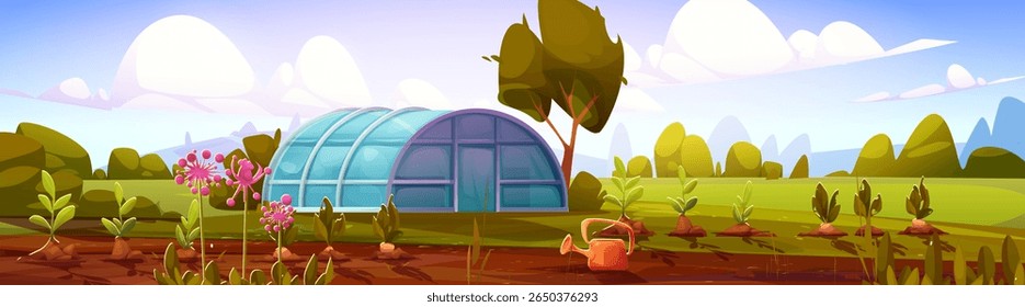 Cartoon garden greenhouse landscape with blue glass dome, planted vegetable rows, pink flowers, watering can on sunny field. Rural farming scene with hills, clouds for agricultural game backgrounds.