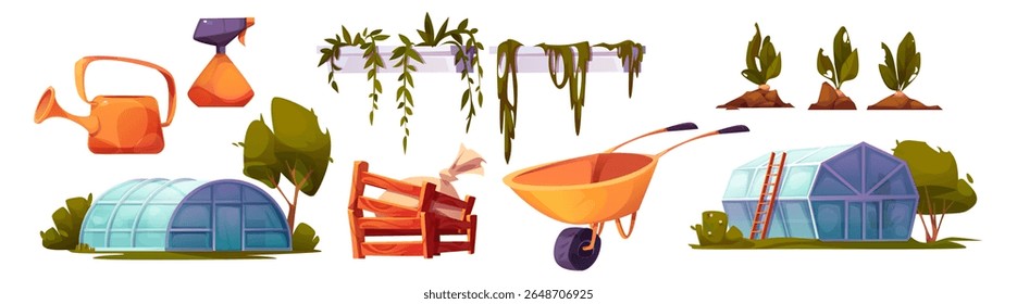 Cartoon garden greenhouse set with watering can, spray bottle, hanging planters with vines, sprouting seedlings in soil, wooden crate, wheelbarrow and glass dome buildings. Farm equipment collection