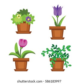 Cartoon garden and houseplants vector illustration.