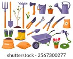 Cartoon garden instruments. Gardening tools, gardener spring farm equipment shovel rake spade seeds plants wheelbarrow cart hose, cartoon agriculture set tidy vector illustration original artwork