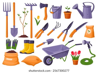 Cartoon garden instruments. Gardening tools, gardener spring farm equipment shovel rake spade seeds plants wheelbarrow cart hose, cartoon agriculture set tidy vector illustration original artwork