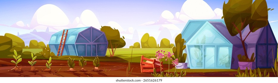 Paisagem de jardim de desenhos animados com estufas - estruturas de vidro em fazenda ensolarada, plantio de mudas em linhas de solo, caixa de madeira com sack, flores cor-de-rosa. Campo rural com área de cultivo.