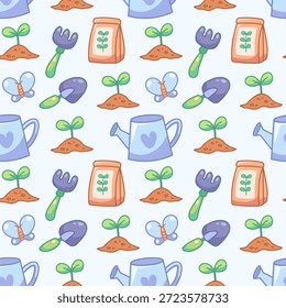 Padrão de jardim de desenhos animados com latas de água, toalhas, mudas. Arquivo sem emenda de vetor para jardinagem e tema de primavera