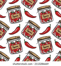 Cartoon garden red hot chili peppers in glass jar with lid and isolated red peppers on white background seamless vector pattern.