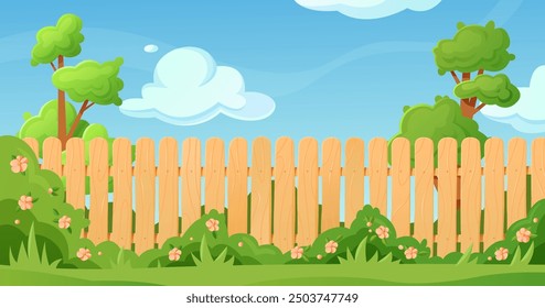 Cartoon garden scene with a wooden fence, green bushes, trees, and flowers under a blue sky with clouds. Illustration with a bright and cheerful aesthetic. Outdoor nature concept.