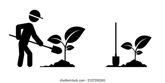 Cartoon Garden Scoop Stickman, Stick Figure Man With Scoop For Digging. Vector Gardening Con Or Pictogram. Garden Tools. Plant Hand Spade  Logo. Farm, Farmer Worker. Gardener, Maintenance. Springtime.