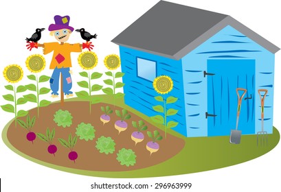 A cartoon garden shed with a vegetable garden and a scarecrow with crows, and some tall sunflowers