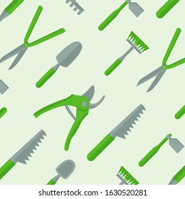 Cartoon garden tools pattern. Green vector farm equipment background.
