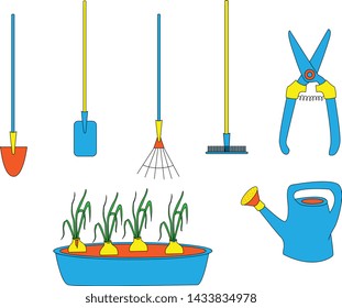 Cartoon garden tools set. Isolated objects of equipment for gardening. Pot of onions.