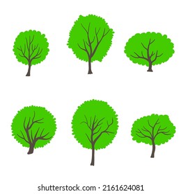 Cartoon garden tree. Green vegetation icon. Cartoon shrubs for outdoor decoration landscape park hedge, backyard, forest colorful vector isolated spring or summer plant, trees, with branches.