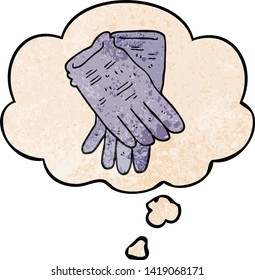 guantes de trabajo de huerto de dibujos animados con burbuja de pensamiento al estilo de textura gruesa