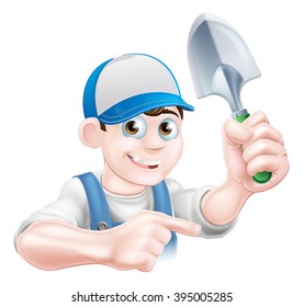 A cartoon gardener character in a cap and blue dungarees holding a garden trowel tool and pointing